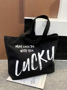 Letter Large Capacity Slogan Graphic Shopper Bag - Black - View 6