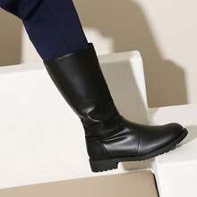 2025 Men's High-Top Leather Riding Boots & COSPLAY & Side Zipper Simple Men's Boots Round Toe Rubber Thick Sole Tall Boots & Black & Chocolate Brown - Black - View 4