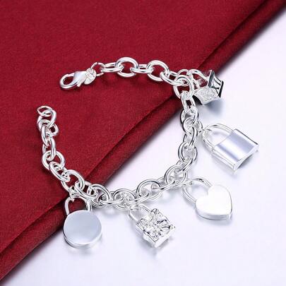 925 Sterling Silver Plated Bracelet Heart / Circle / Square Lock Bracelets Bangles Woman Man Fashion Charm Wedding Jewelry