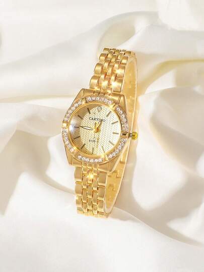  1pc CARYINO Women's Stainless Steel Strap Watch, Dual-Tone Classic Business Style With Embedded Rhinestones Quartz Watch, Suitable For Daily Wear