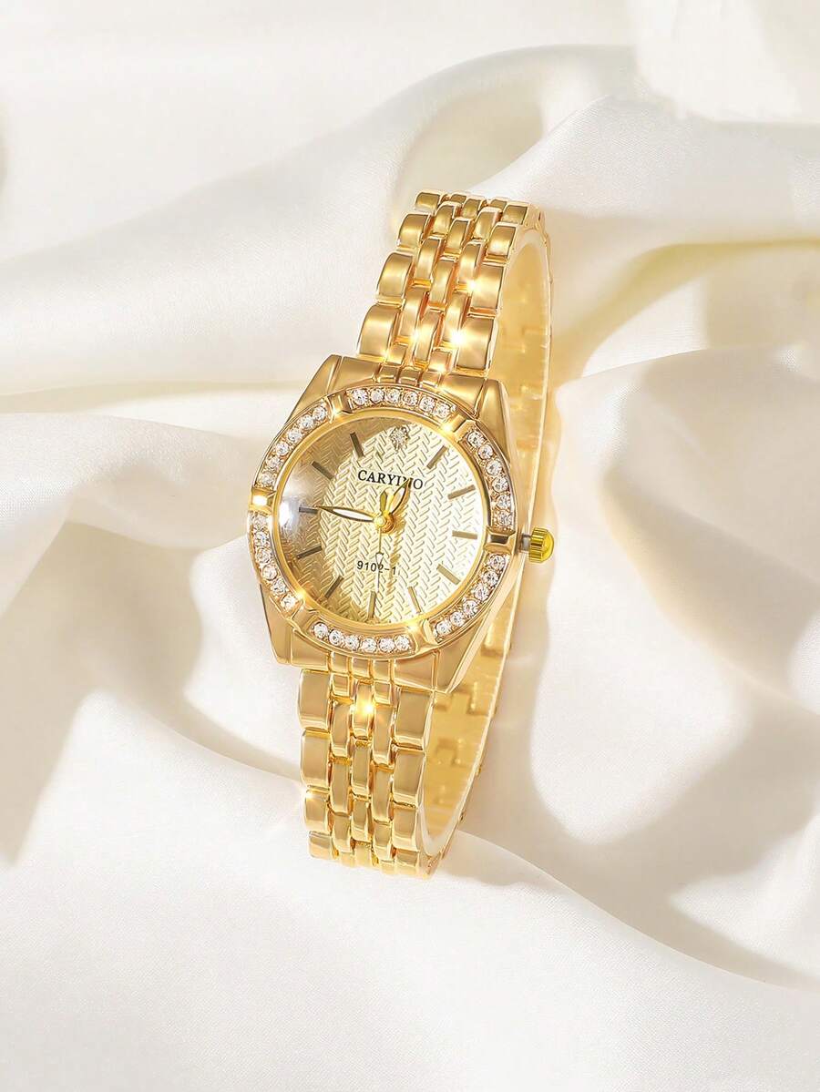 1pc CARYINO Women's Stainless Steel Strap Watch, Dual-Tone Classic Business Style With Embedded Rhinestones Quartz Watch, Suitable For Daily Wear - Gold - View 1