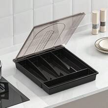 1 件厨房用具收纳盒，餐具收纳盒，带隔层和盖子，塑料防尘架，不含餐具 - 彩色 - 查看 5