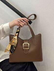 PU Shoulder Tote Bag With Scarf Pattern, Large Capacity, Lightweight And Versatile, Suitable For Commuting - Chocolate Brown - View 4