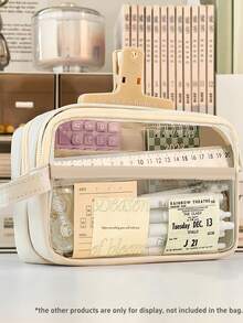 Doppelschichtige transparente handgehaltene Federtasche Stiftetui mit kontrastfarbigen Quadraten für Schreibwaren, Rückkehr zur Schule, Schulmaterial, Stifteetui, Schultasche - Violett - Übersicht 15