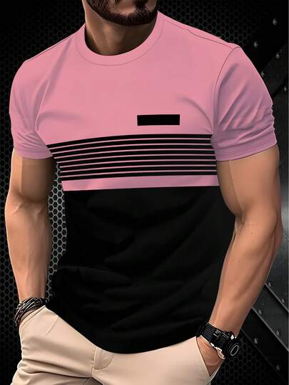 男士3D印花双色简约线条图案T恤，休闲短袖夏季户外套头衫，100%涤纶，弹力面料