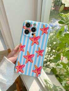 Compatible avec les modèles Apple 16, 15, 14, 13, 12, 11 Pro Max//Redmi/OPPO/Realme/Infinix. Étui de téléphone carré en TPU avec design d'étoile de mer rayé, frais d'été, couleur turquoise. Anti-chute, portable. - cyan clair - Voir 5