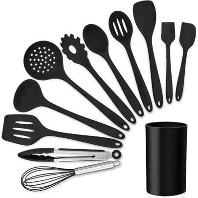 Efforias Black Kitchen Utensil Set, 12 Piece Cooking Utensils, Silicone Utensils Set With Holder, Heat Resistant Tools Include Spoons Turner Spatula Ladle Tong For Non-Stick Cookware