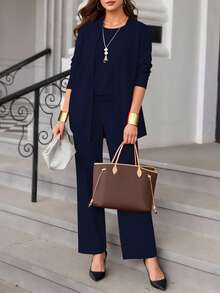 Bộ đồ nữ 3 món màu trơn thường ngày: Áo khoác/áo cardigan + Áo thun cổ tròn không tay + Quần ống đứng cạp chun, chất liệu mềm mại, co giãn, dáng rộng thoải mái, thích hợp cho mùa xuân/thu/đông. - Màu xanh hải quân - Xem 2