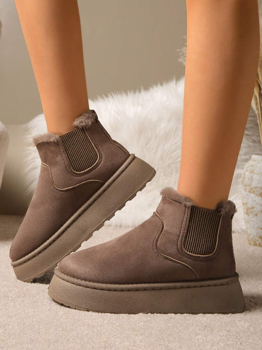 Women's Faux Fur Camel 5cm Thick Sole Ankle Boots, Tight-Fitting Knit Cuff Wool Lining Fur One-Piece Snow Boots, New Autumn/Winter Rear Pull Strap Fluffy Thickened Plush Fur Lining Anti-Cold Slippers, Fashionable Simple Warm Winter Shoes Men Indoor Slippers - Khaki - View 1
