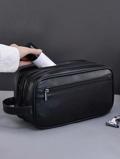 1 pieza Bolsa de aseo multifuncional impermeable de cuero de PU negro de doble capa para hombres - Bolsa de aseo de gran capacidad y duradera - Adecuada para guardar artículos de cuidado personal e higiene, viajes de negocios y vacaciones, esencial para viajes de verano, vacaciones en la playa, útiles escolares, artículos esenciales para dormitorio, mochila de vuelta al colegio, bolsa de aseo escolar, bolsa de aseo impermeable