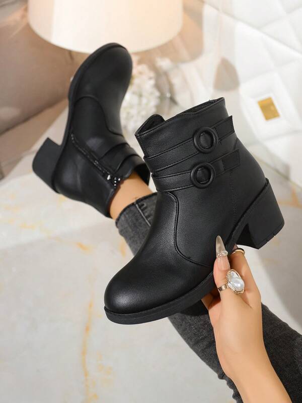 Women's Autumn/Winter Boots, Outer Wear Boots, Wedge Thick Bottom Fashionable Ankle Boots, Side Zipper Ankle Boots, Comfortable Versatile Mid-Calf Boots, Black Patent Leather Buckle Short Boots, Western Style Buckle Short Boots, Holiday