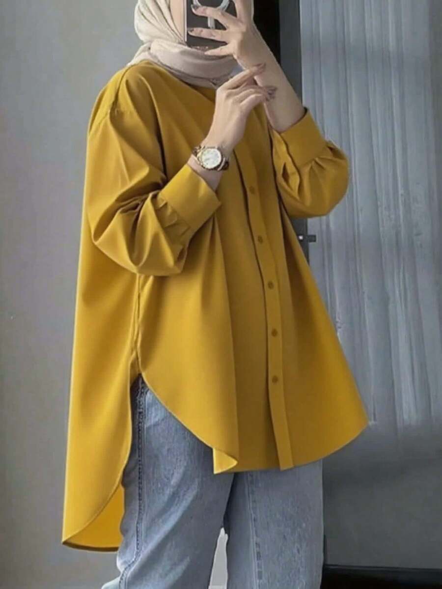 Women Modest Long Sleeve Plaid Shirt Collar Button Front Regular Top In Woven Fabric