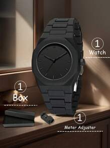 1 Men's Quartz Watch, Polycarbonate Material, Simple And Stylish Business Watch, Suitable For All Occasions, Any Man Looks Good/Suitable/Matching, With Gift Box Packaging And Strap Adjuster - Black - View 6