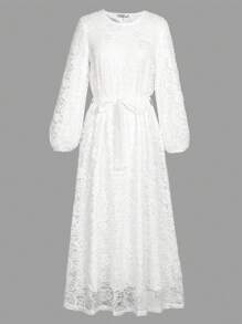 Round Neck Long Sleeve Lace Modest Dress With Belted Waist In Solid Color - White - View 5