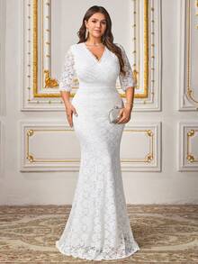 CHOSMO 大码女士蕾丝短袖连衣裙，适合婚礼、派对、生日、周年纪念、毕业典礼、音乐节、节日鸡尾酒会、正式晚宴、拍照、舞会、旅行、舞台表演和音乐会、情人节等场合，春季白色 - 白色 - 查看 3