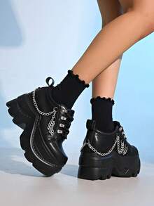 Women's Punk Style Lace-Up Metal Eyelet Platform Casual Sneakers, Versatile Business Shoes - Black - View 7
