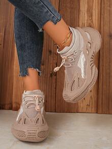 Women's Casual Sneakers, Fashion Thick Sole Versatile Elastic Knit Slip-On Athletic Shoes, Soft Bottom Comfortable Mom Shoes, Hiking Shoes - Khaki - View 2