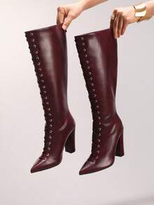 秋冬女士系带酒红色过膝长靴，性感尖头派对/舞会拉链粗跟高筒靴，时尚 - 酒紅色 - 查看 1