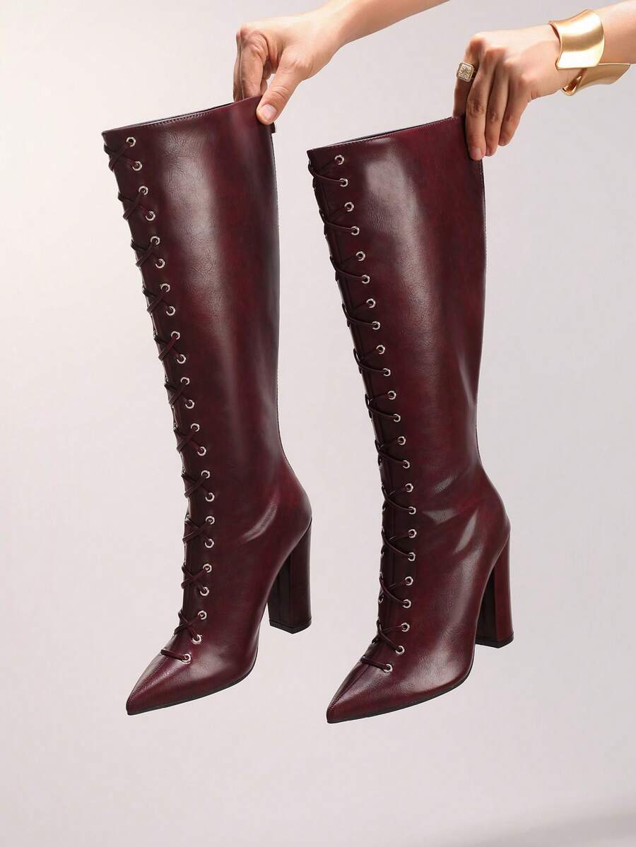 秋冬女士系带酒红色过膝长靴，性感尖头派对/舞会拉链粗跟高筒靴，时尚 - 酒紅色 - 查看 1
