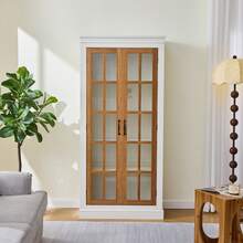 71.2'' Freestanding Pantry Cabinet With Glass Door, Farmhouse Display Cabinets With Adjustable Shelevs, Curio Cabinet With Lattice Window For Hallways, Livingroom Kitchen & Office, White & Brown RR