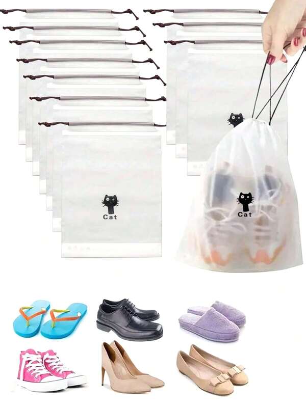 5个装透明塑料收纳袋，便携式旅行鞋包装袋，防水鞋袋，抽绳鞋袋收纳袋，男女通用 - 卡通