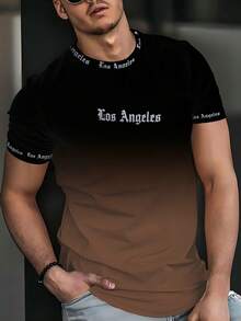男士时尚洛杉矶字母渐变印花圆领短袖T恤，夏季 - 彩色 - 查看 2