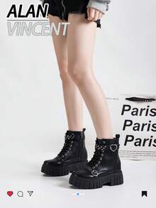 Alan Vincent[Free Returns And Exchanges][Local Delivery][Quick Arrival][Classic Boots Series]New Classic Women's Black Mid-Calf Boots Boots Easy And Comfortable To Wear Women's Platform Boots Suitable For Parties Lace-Up And Zipper Fashionable Style Women's Boots With Love Buttons Rivet Decoration - 黑色 - 查看 5