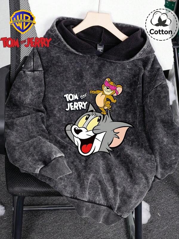 Warner Bros LILL, Winter Women's Tom And Jerry Pattern Hooded Sweatshirt Top, Slightly Elastic Fit Washed And Distressed Cotton Black Pullover Long-Sleeved Sweatshirt, Casual Daily Hoodie Top