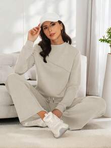 Casly Lamiit Women's 2 Piece Lounge Comfort Set - Boat Neck Sweater & Airy Wide Leg Pants Autumn Travel Casual Clothing - Dark Beige - View 6
