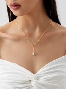 1 件 18K 镀金天然珍珠 Y 型项链，母亲节、情人节、生日礼物 - 白色 - 查看 3