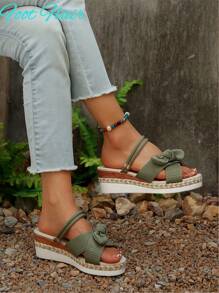 Foot Flair 加大码女式蝴蝶装饰露趾两穿帆布厚底坡跟凉鞋，波西米亚海滩度假风格，百搭春夏季款，绿色