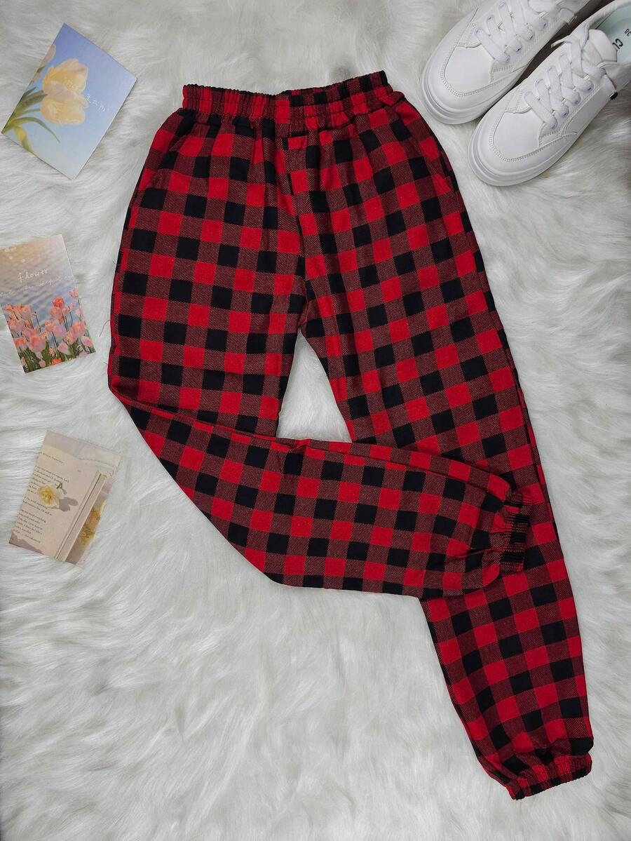 Checkered Flannel Jogger Pants Fashion Blogger - Ngọn lửa đỏ tươi - Xem 1