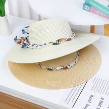 1 pièce Chapeau de paille à large bord avec nœud papillon pour femme, chapeau de soleil pliable pour les vacances, protection UV, port quotidien