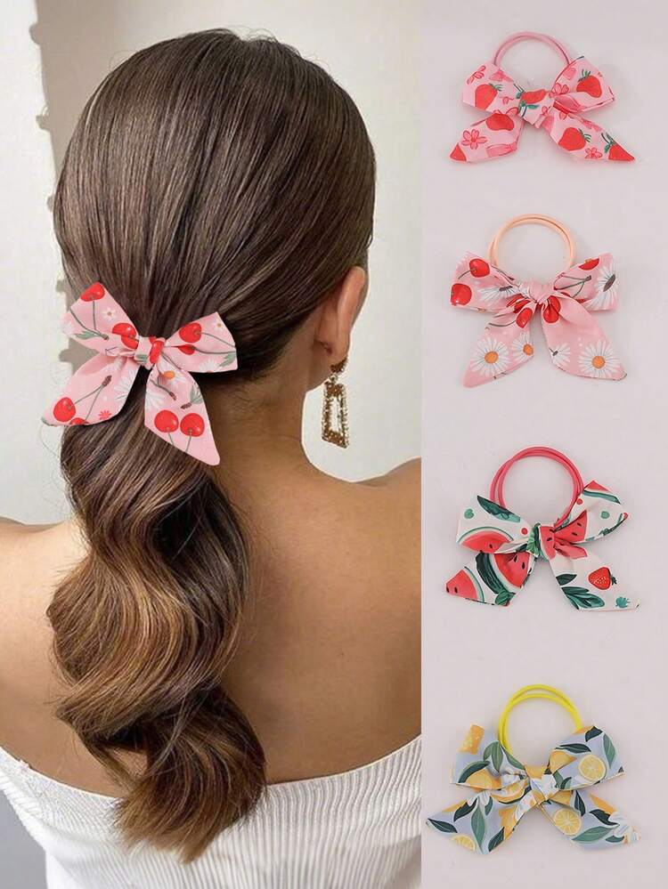 4 件装女士时尚花卉水果印花发圈，优雅粉色调蝴蝶发绳，适合日常、春夏、派对、度假等场合。 - 彩色 - 查看 2