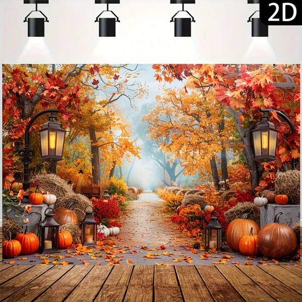 1 pezzo, Sfondo banner piatto 2D per l'autunno - Zucca, foglia di acero, decorazione con lanterna vintage - Ringraziamento, Ognissanti, compleanno, sfondo per photobooth - Senza elettricità richiesta, decorazione per la casa, creazione di un'atmosfera festiva