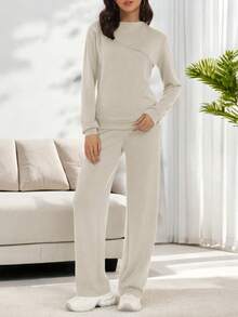 Casly Lamiit Women's 2 Piece Lounge Comfort Set - Boat Neck Sweater & Airy Wide Leg Pants Autumn Travel Casual Clothing - Dark Beige - View 4