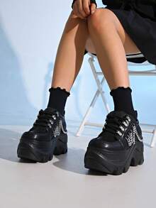 Women's Punk Style Lace-Up Metal Eyelet Platform Casual Sneakers, Versatile Business Shoes - Black - View 9