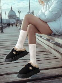 2025 Damen Neue Schlüpf-Flauschige Pantoffeln, Winteraußenkleidung, Dicke Fütterung, Warm, Dicke Sohle, Erhöhte Höhe, Schlüpf-Schnalle, Veloursleder Material, Große Größen, Schwarze Schneepantoffeln - Schwarz - Übersicht 2