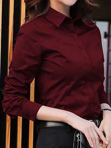 2025新款女士商务酒红色短袖衬衫，职业正装，隐形门襟，长袖衬衫，办公室工作服，秋冬季 - 酒紅色 - 查看 2