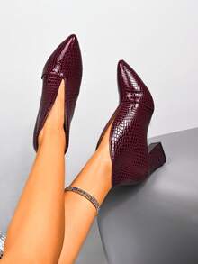 女士酒红色踝靴，V型开口时尚粗跟休闲靴，动物纹皮革鞋面，适合秋季、冬季穿着，舒适踝靴 - 酒紅色 - 查看 3