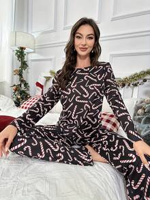 Women's Long Sleeve & Pants Cute Christmas Cartoon Pattern Pajama Set, Suitable For Spring & Autumn, Fall Clothes