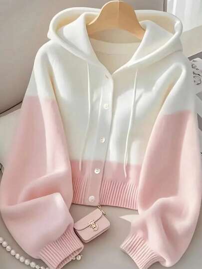 撞色柔软连帽针织毛衣，秋冬