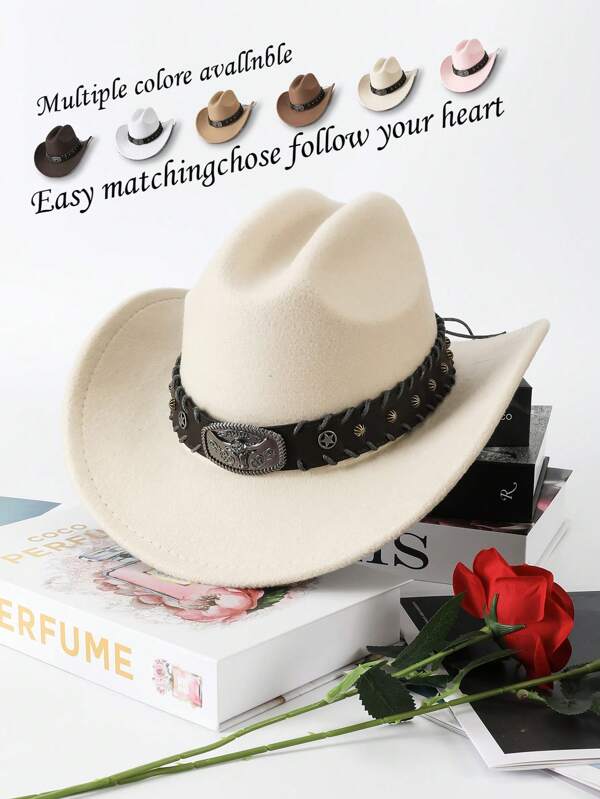 1pc Polyester Cowboy Hat With Bull Head & Star Bohemian Design, Versatile Fashion Accessory For Men And Women, All Seasons