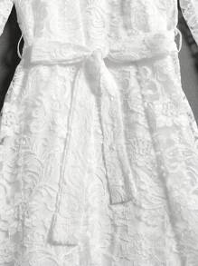 Round Neck Long Sleeve Lace Modest Dress With Belted Waist In Solid Color - White - View 7