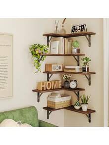 Corner Floating Shelves, Wall Mounted Corner Shelf Set Of 5, Rustic Wood Wall Shelves For Bathroom, Kitchen, Bedroom Or Living Room (Carbonized Black),Corner Floating Shelves, Rustic Wood Wall Shelves For Bathroom, Kitchen, Bedroom Or Living Room (Dark Carbonized Black) Bathroom Accessories - Black - View 7