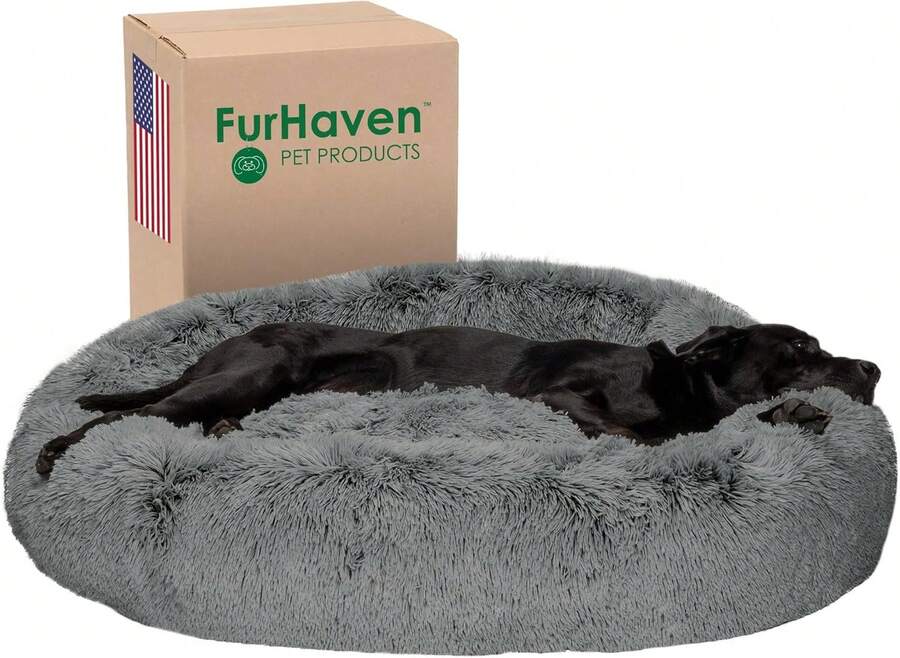 Calming Donut Dog Bed For Medium Dogs, 45" Plush Round Pet Bed With Washable Cover, Refillable Shag Faux Fur For Anxiety Relief – Gray, XL,11275910 - Taro Purple - Xem 1
