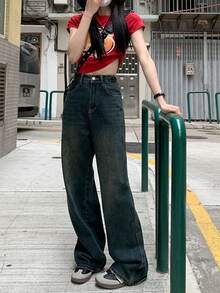 女式直筒牛仔裤，后袋做旧设计，全长 - 藍色 - 查看 4