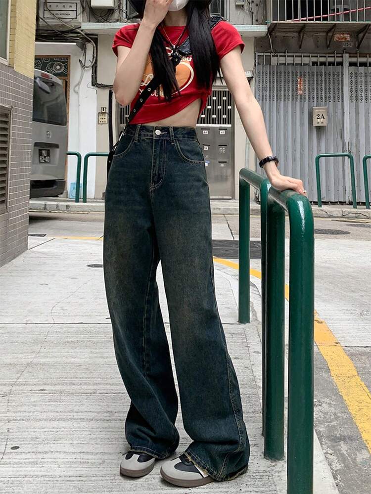 女式直筒牛仔裤，后袋做旧设计，全长 - 藍色 - 查看 4