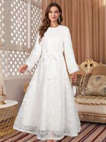 Round Neck Long Sleeve Lace Modest Dress With Belted Waist In Solid Color - White - View 3