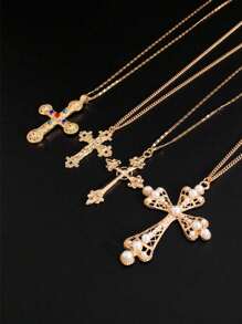4pcs Fashionable & Unique Cross Pendant Necklace, Layered Pearl Long Chain Choker Necklace, Suitable For Father's Day & Mother's Day - 4-piece Set Style 2 - View 3